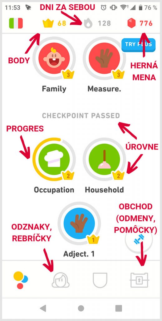 Gamifikačné prvky v aplikácii Duolingo: body, počet dní za sebou, herná mena, progres, úrovne, odznaky, rebríčky, obchod (odmeny, pomôcky).