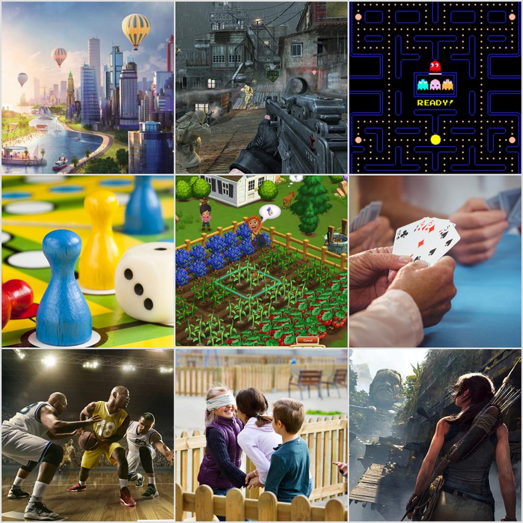 Príklady hier: SimCity, Call of Duty, Pac-Man, Človeče nehnevaj sa, Farmville, karty, basketbal, slepá baba a Tomb Raider.