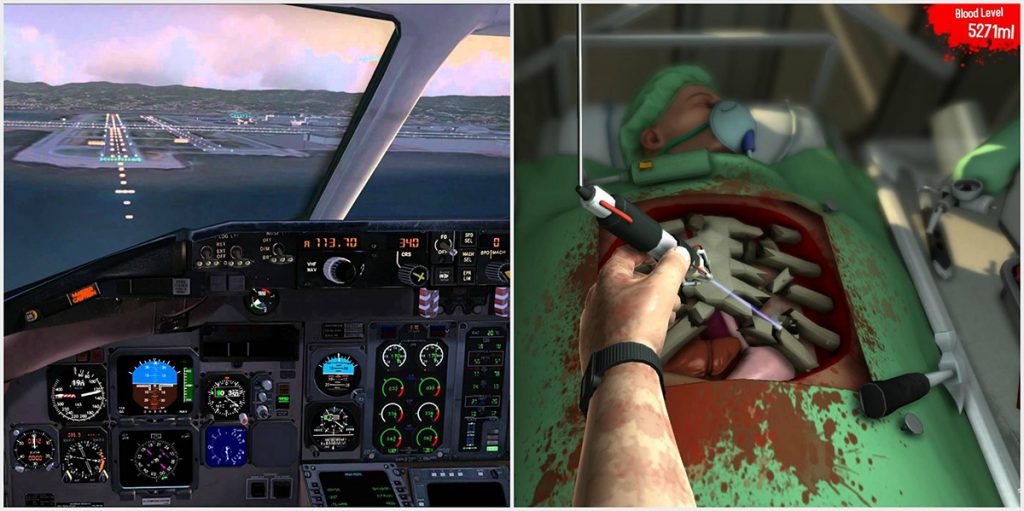 Screenshoty z hier Microsoft Flight Simulator X a Surgeon Simulator.