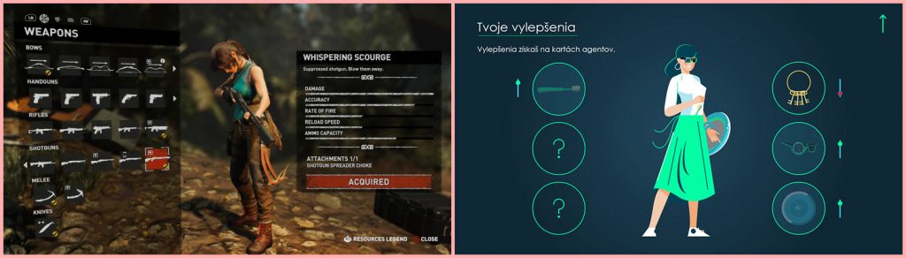 Lara Croft, ktorá si vyberá zbrane vs. avatarka z Informačnej bezpečnosti, ktorá si vyberá vylepšenia