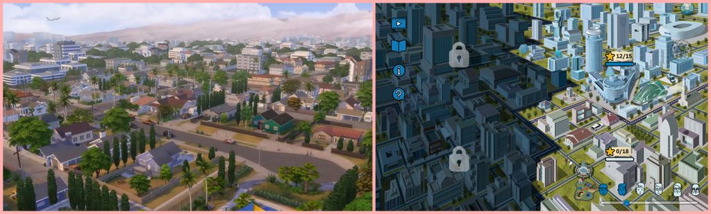 Susedstvo v Sims 4 vs. podobný výsek mesta z kurzu Digit@l